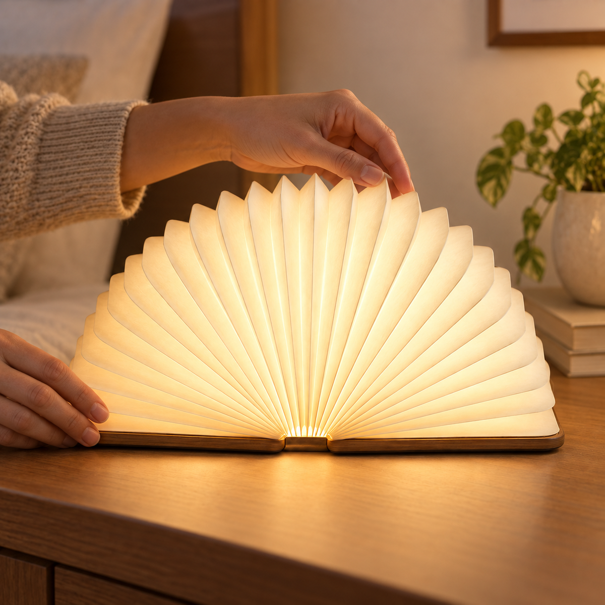 Greendailyes® Foldable Fan Lamp with Wooden Base – Decorative Ambient Light with a Modern Book-Inspired Design