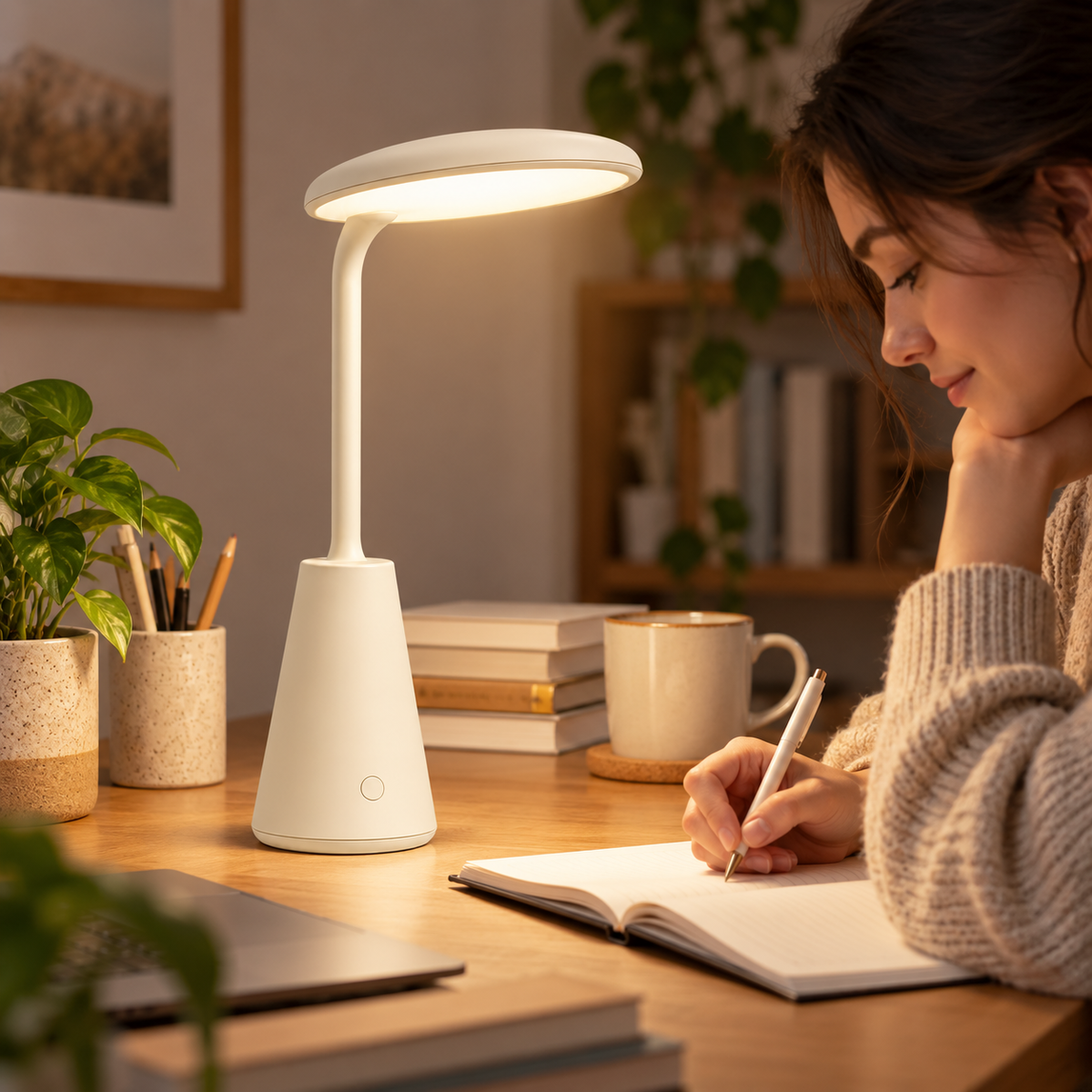 Greendailyes® Cream White LED Table Lamp with Oval Light Head – Minimalist Ambient Light for Desk, Bedside, and Home