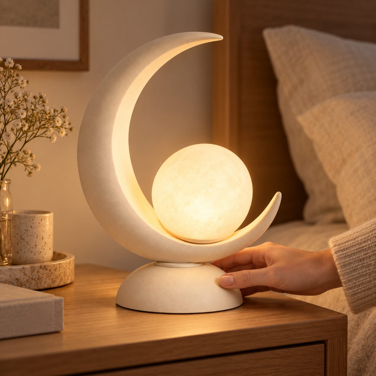 Greendailyes® Moon-Shaped LED Table Lamp with Glowing Orb – Decorative Night Light with Warm Ambient Glow