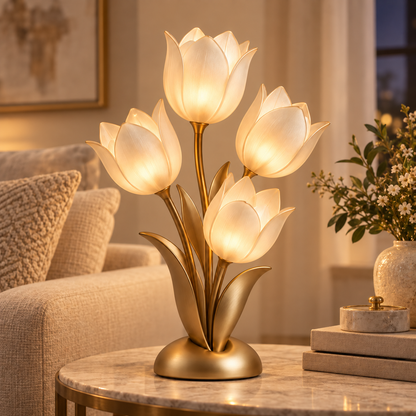 Greendailyes® Decorative Gold-Tone LED Tulip Table Lamp – Floral Ambient Light with Four Glowing Blooms