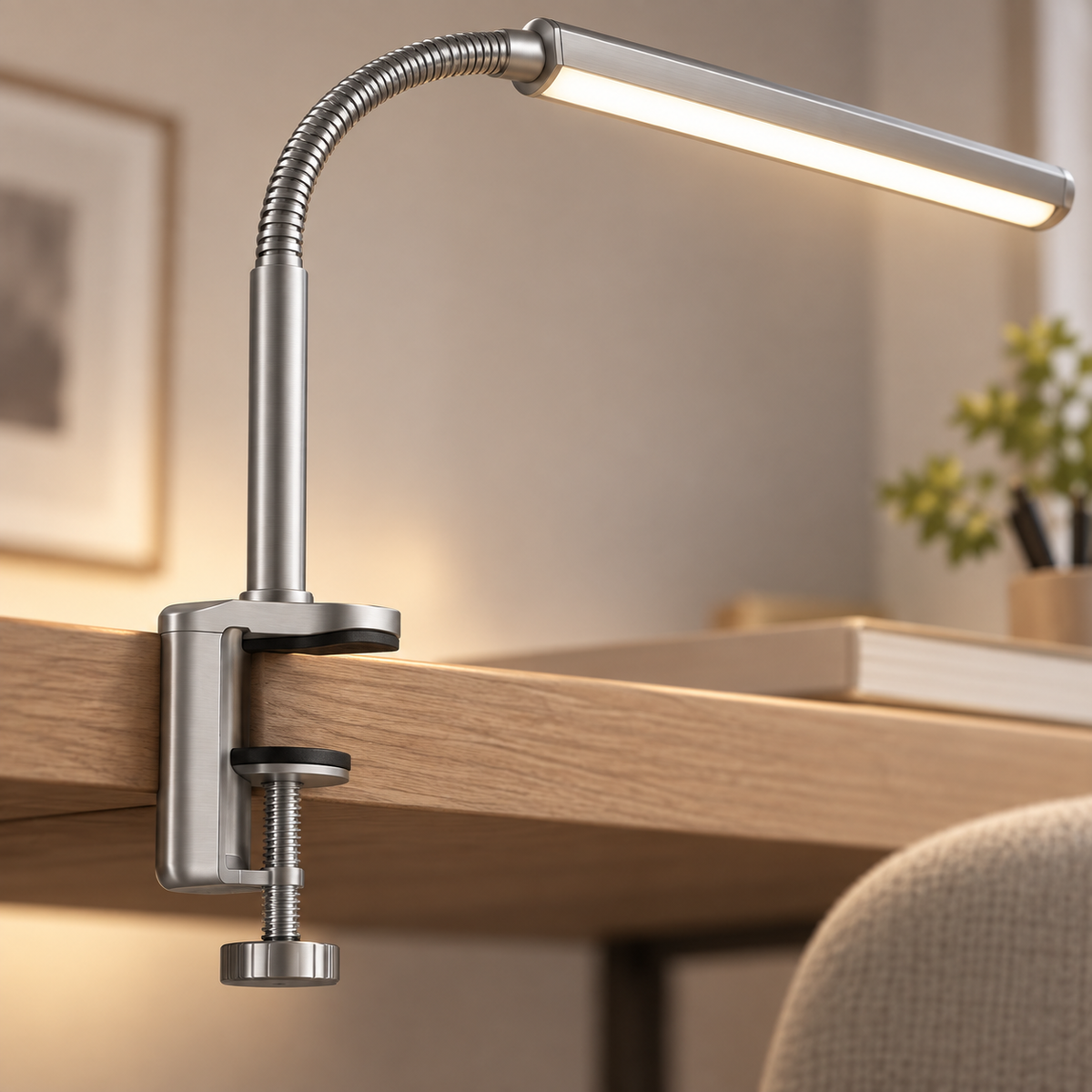 Greendailyes® Silver LED Clamp Lamp with Flexible Gooseneck – Space-Saving Desk Light for Home Office, Reading, and Study