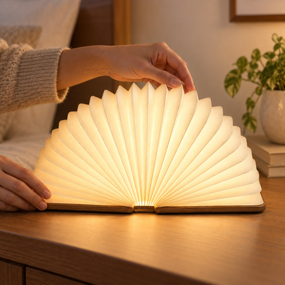 Greendailyes® Foldable Fan Lamp with Wooden Base – Decorative Ambient Light with a Modern Book-Inspired Design