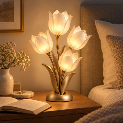 Greendailyes® Decorative Gold-Tone LED Tulip Table Lamp – Floral Ambient Light with Four Glowing Blooms