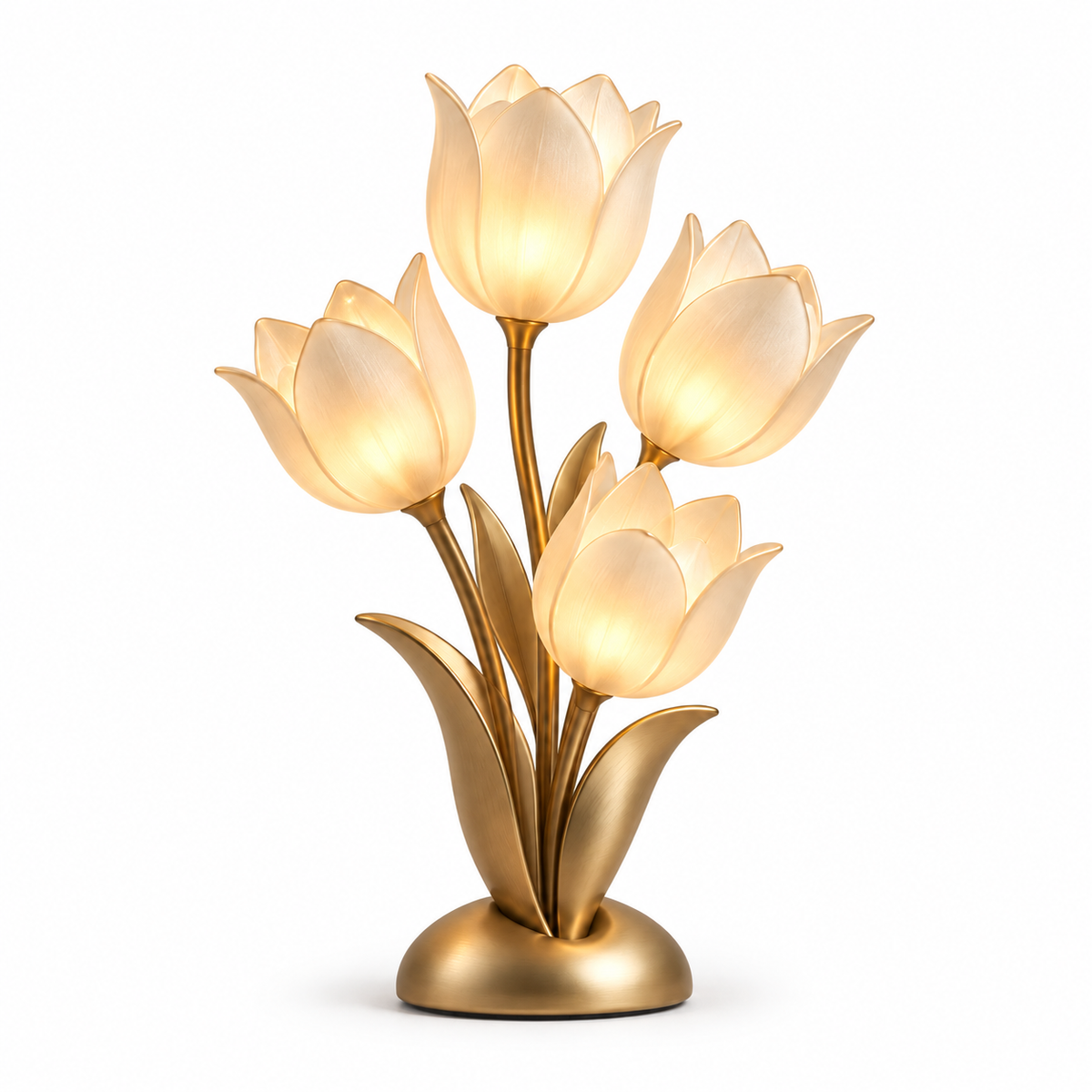Greendailyes® Decorative Gold-Tone LED Tulip Table Lamp – Floral Ambient Light with Four Glowing Blooms