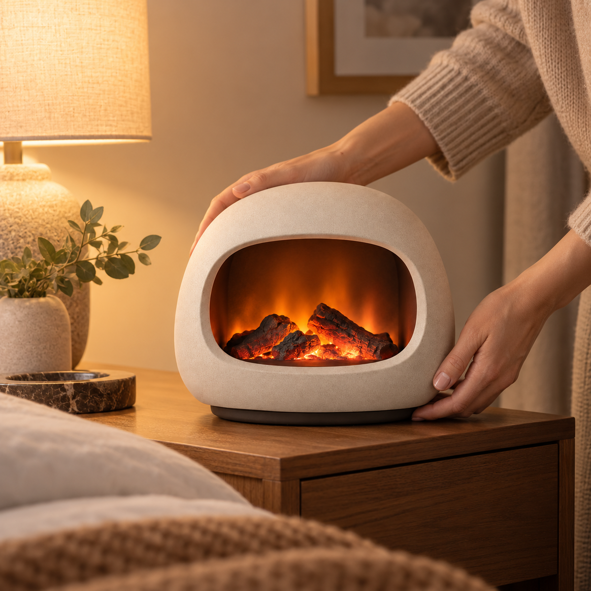 Greendailyes® Decorative Cream White LED Fireplace Lamp – Modern Ambient Light with a Cozy Flame Effect