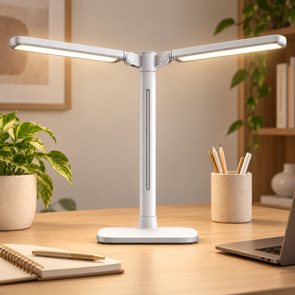 Greendailyes® White Dual-Head LED Desk Lamp – Wide Task Light with Adjustable Light Arms for Home Office and Study