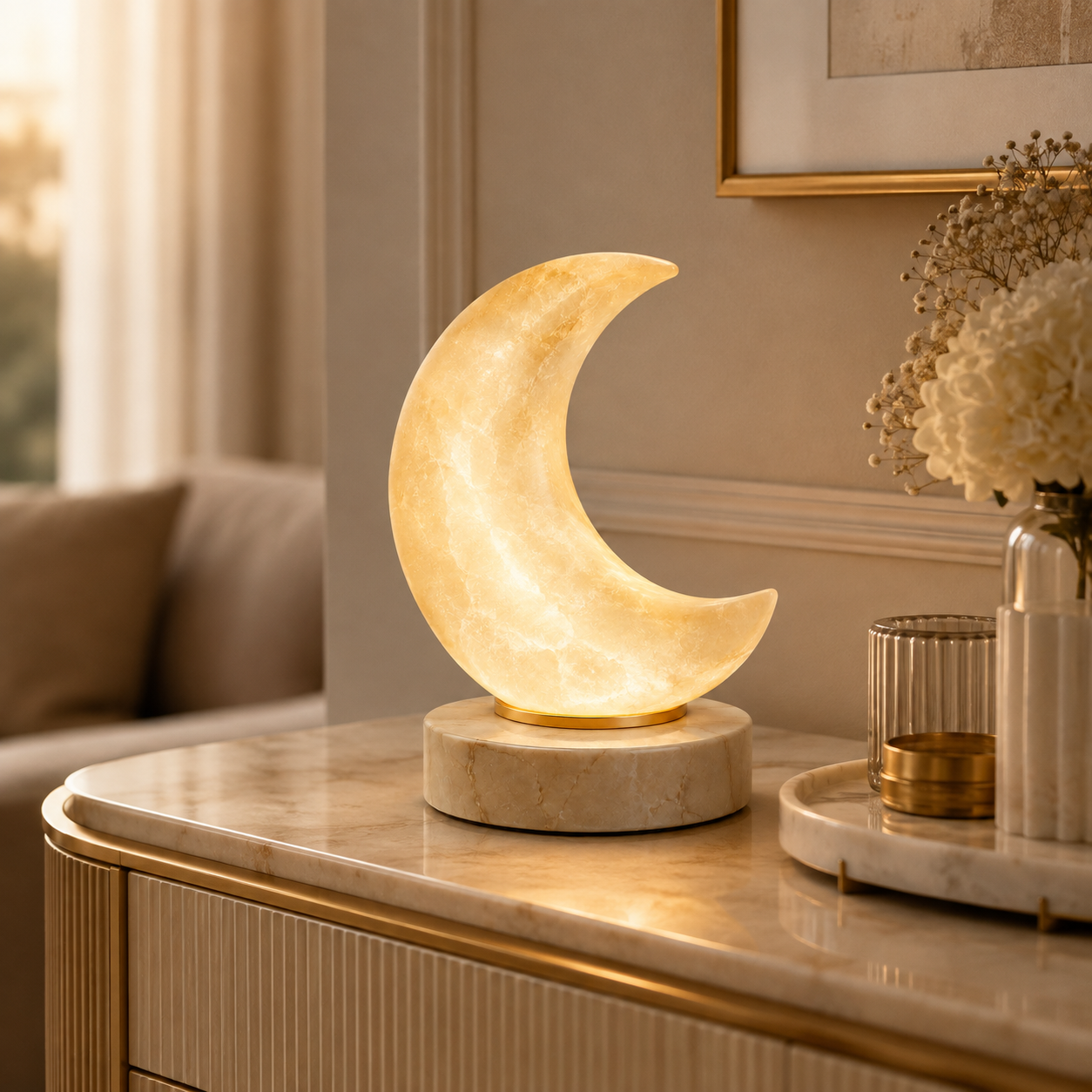 Greendailyes® Textured Crescent Moon Decorative Table Lamp – Warm Ambient Light