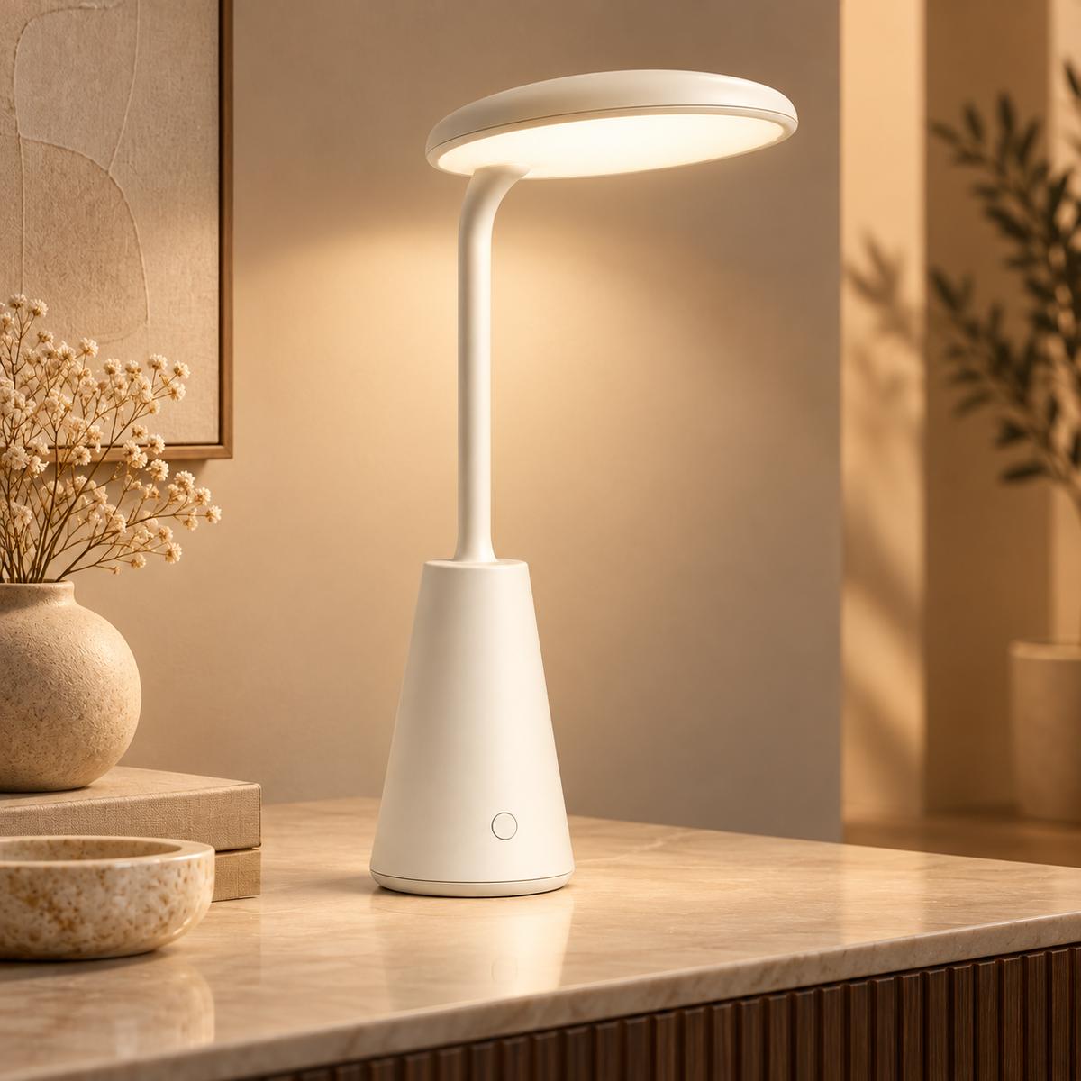 Greendailyes® Cream White LED Table Lamp with Oval Light Head – Minimalist Ambient Light for Desk, Bedside, and Home