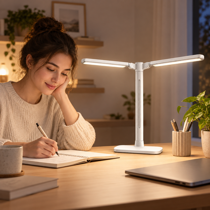 Greendailyes® White Dual-Head LED Desk Lamp – Wide Task Light with Adjustable Light Arms for Home Office and Study