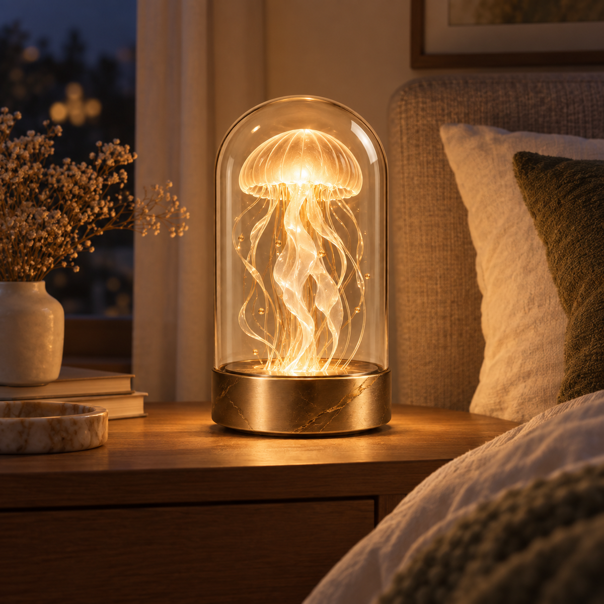 Greendailyes® Decorative Jellyfish Lamp Under Glass – Elegant Ambient Light with a Warm Glow for Living Rooms and Bedrooms