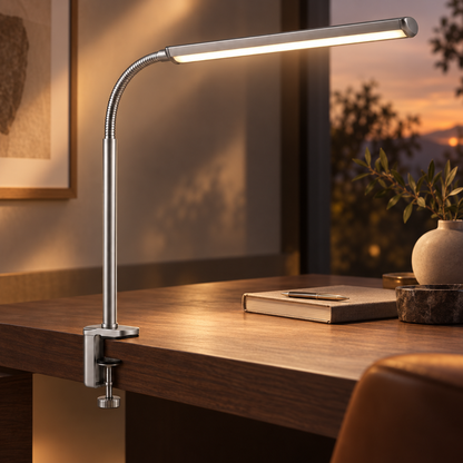 Greendailyes® Silver LED Clamp Lamp with Flexible Gooseneck – Space-Saving Desk Light for Home Office, Reading, and Study
