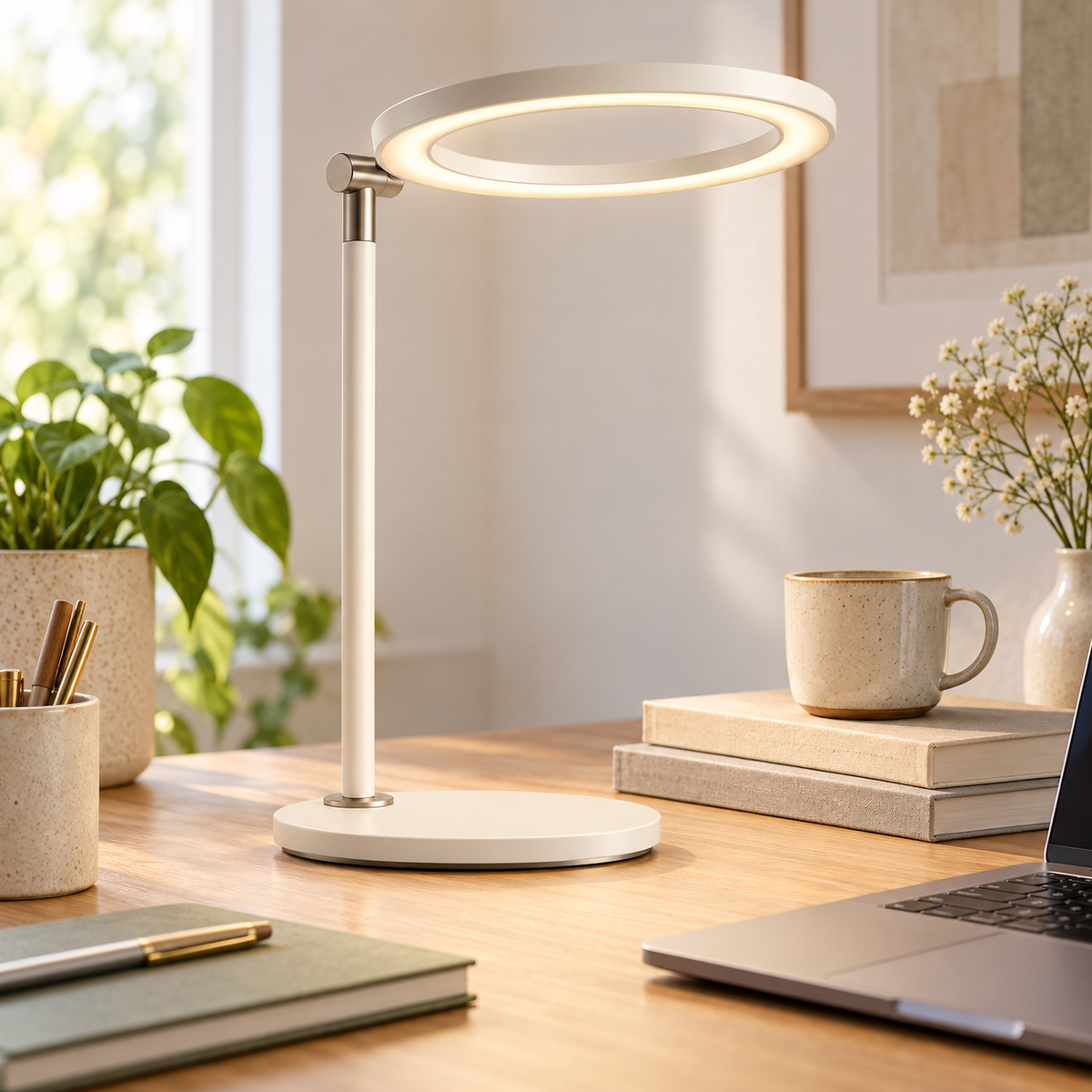 Greendailyes® Minimalist Cream White LED Ring Desk Lamp – Modern Task Light for Office, Reading, and Home Office
