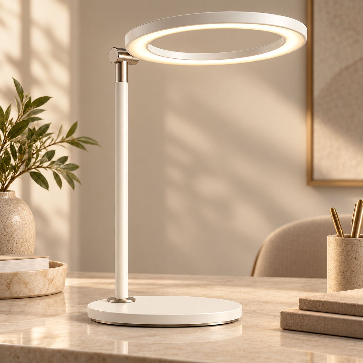 Greendailyes® Minimalist Cream White LED Ring Desk Lamp – Modern Task Light for Office, Reading, and Home Office