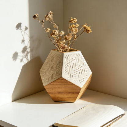 Wood & Ceramic Geometric Dried Flower Vase - Hand-Carved Herringbone Pattern Planter