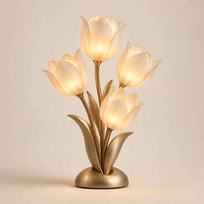 Greendailyes® Decorative Gold-Tone LED Tulip Table Lamp – Floral Ambient Light with Four Glowing Blooms
