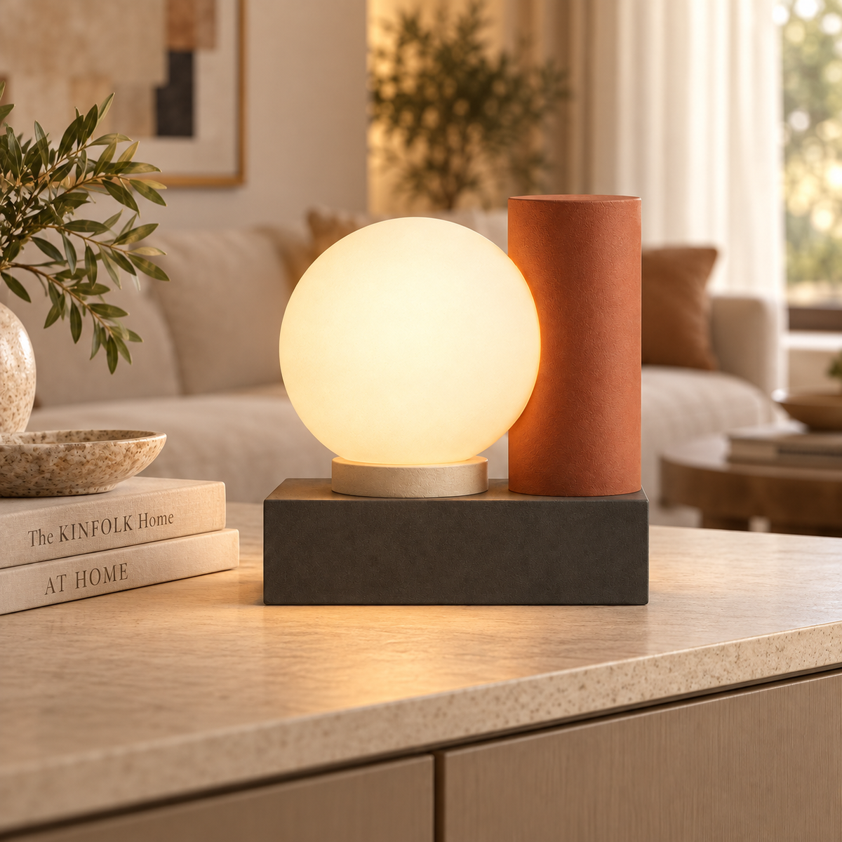 Greendailyes® Modern LED Table Lamp with Glowing Orb – Geometric Ambient Light in Warm Natural Tones