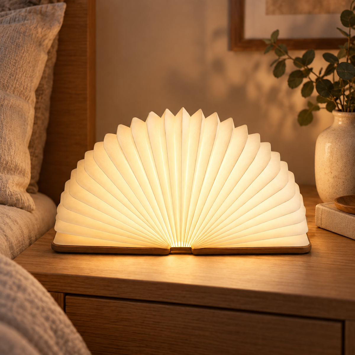 Greendailyes® Foldable Fan Lamp with Wooden Base – Decorative Ambient Light with a Modern Book-Inspired Design