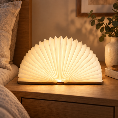 Greendailyes® Foldable Fan Lamp with Wooden Base – Decorative Ambient Light with a Modern Book-Inspired Design