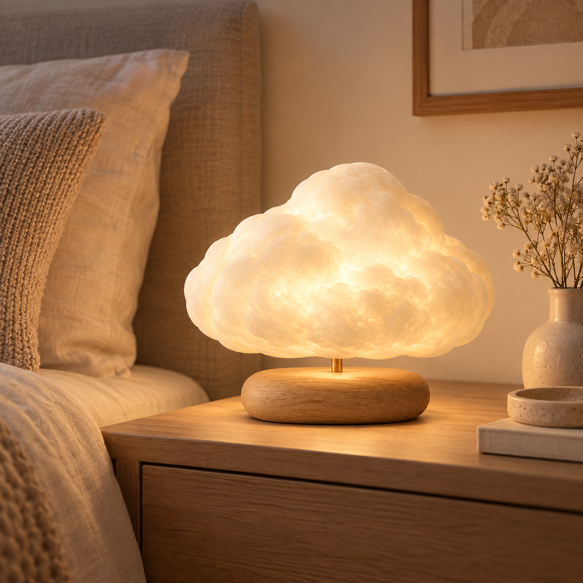 Greendailyes® Cloud-Shaped Lamp with Wooden Base – Decorative Ambient Light with a Warm Glow for Bedrooms and Living Rooms