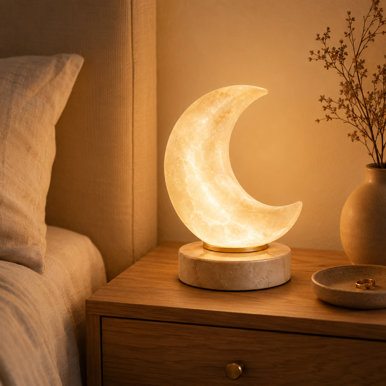 Greendailyes® Textured Crescent Moon Decorative Table Lamp – Warm Ambient Light
