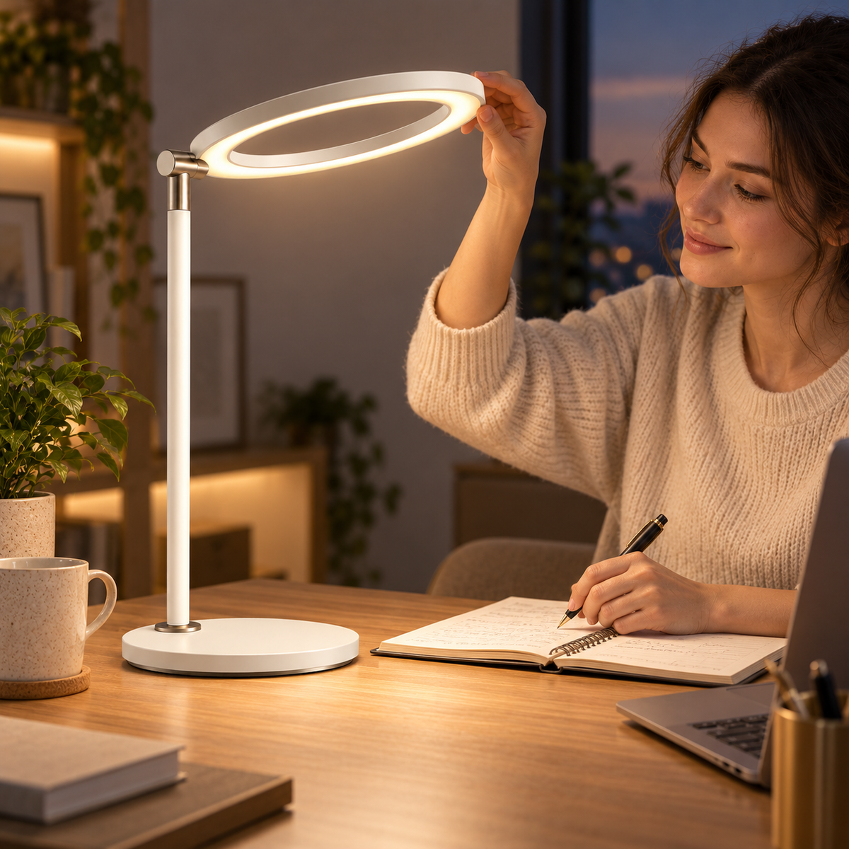 Greendailyes® Minimalist Cream White LED Ring Desk Lamp – Modern Task Light for Office, Reading, and Home Office