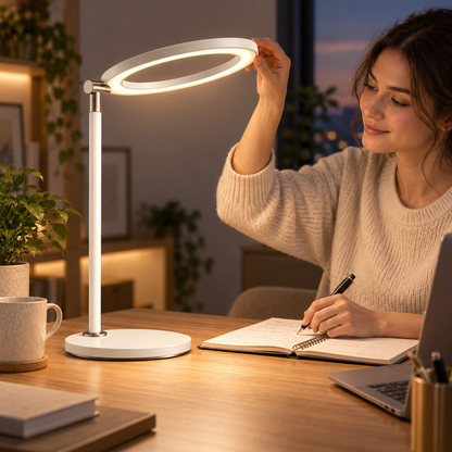 Greendailyes® Minimalist Cream White LED Ring Desk Lamp – Modern Task Light for Office, Reading, and Home Office