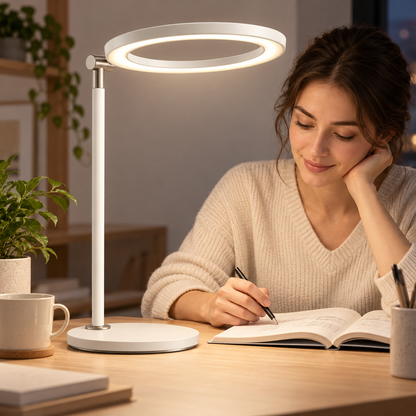 Greendailyes® Minimalist Cream White LED Ring Desk Lamp – Modern Task Light for Office, Reading, and Home Office