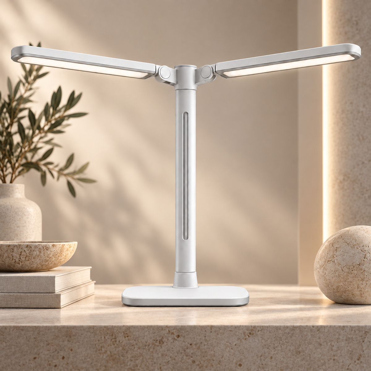 Greendailyes® White Dual-Head LED Desk Lamp – Wide Task Light with Adjustable Light Arms for Home Office and Study