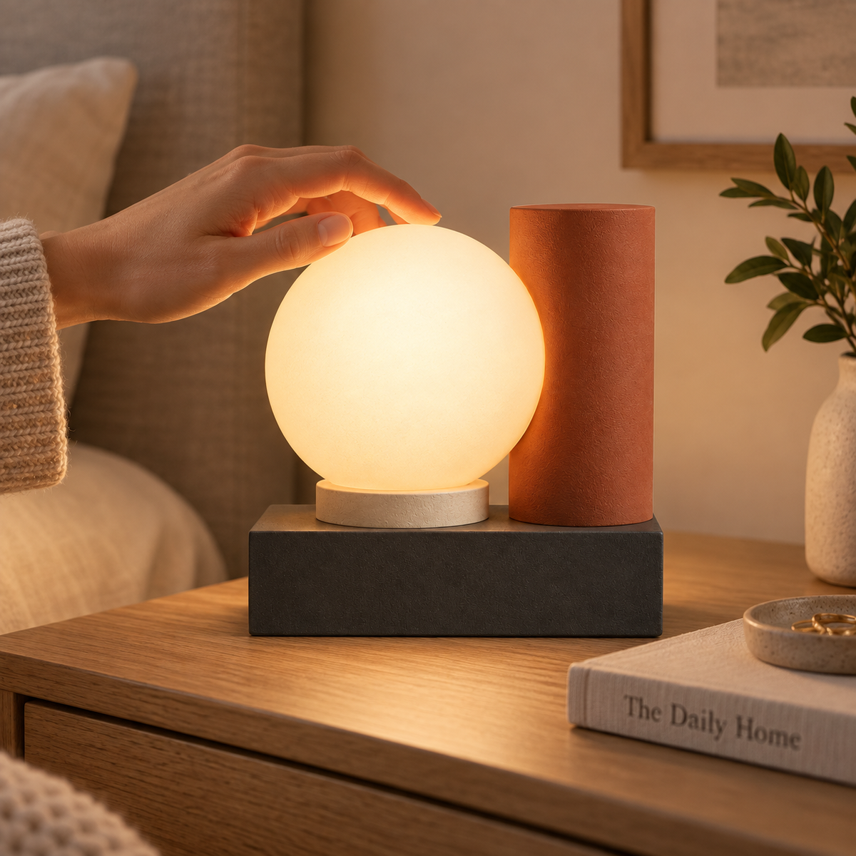 Greendailyes® Modern LED Table Lamp with Glowing Orb – Geometric Ambient Light in Warm Natural Tones