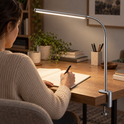 Greendailyes® Silver LED Clamp Lamp with Flexible Gooseneck – Space-Saving Desk Light for Home Office, Reading, and Study