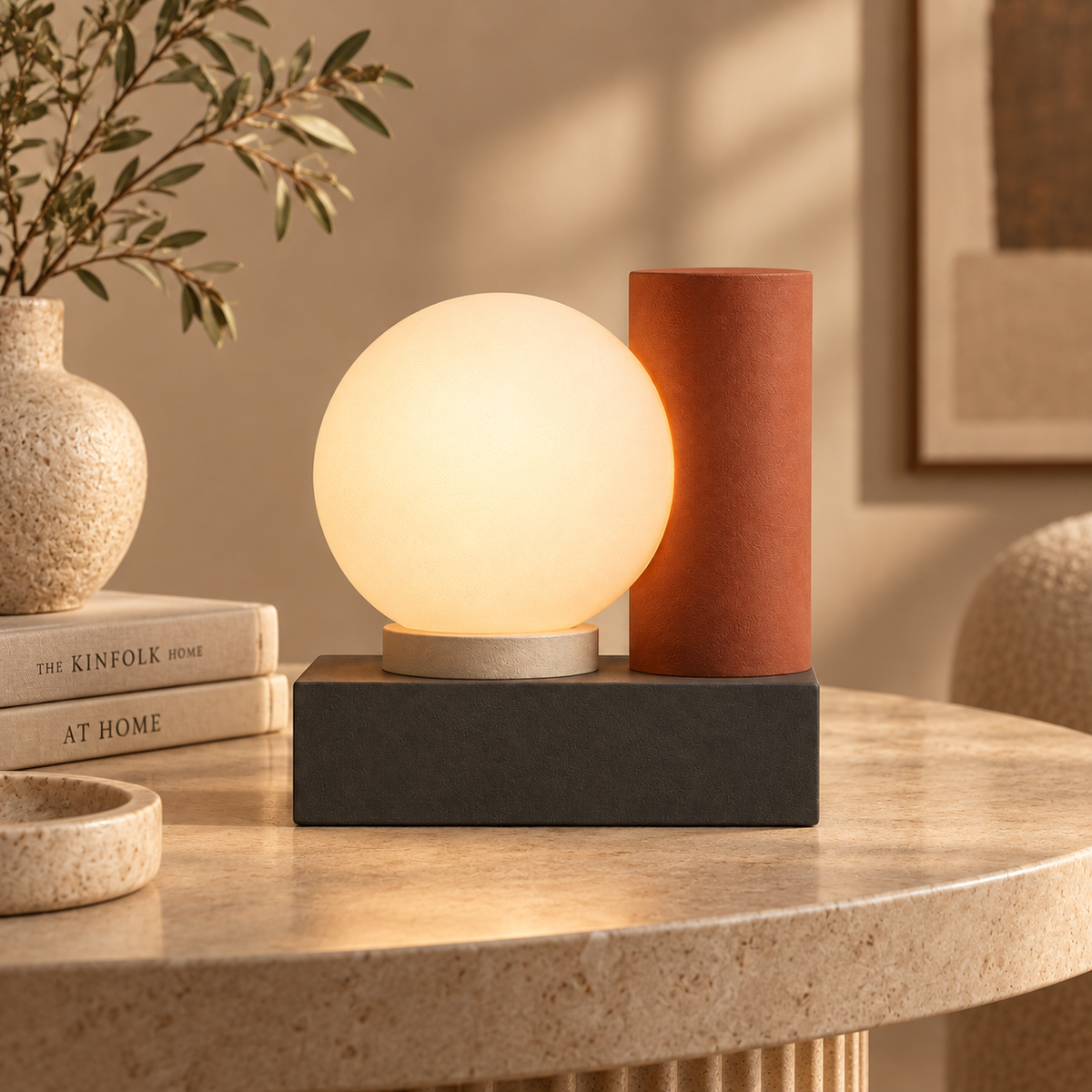 Greendailyes® Modern LED Table Lamp with Glowing Orb – Geometric Ambient Light in Warm Natural Tones