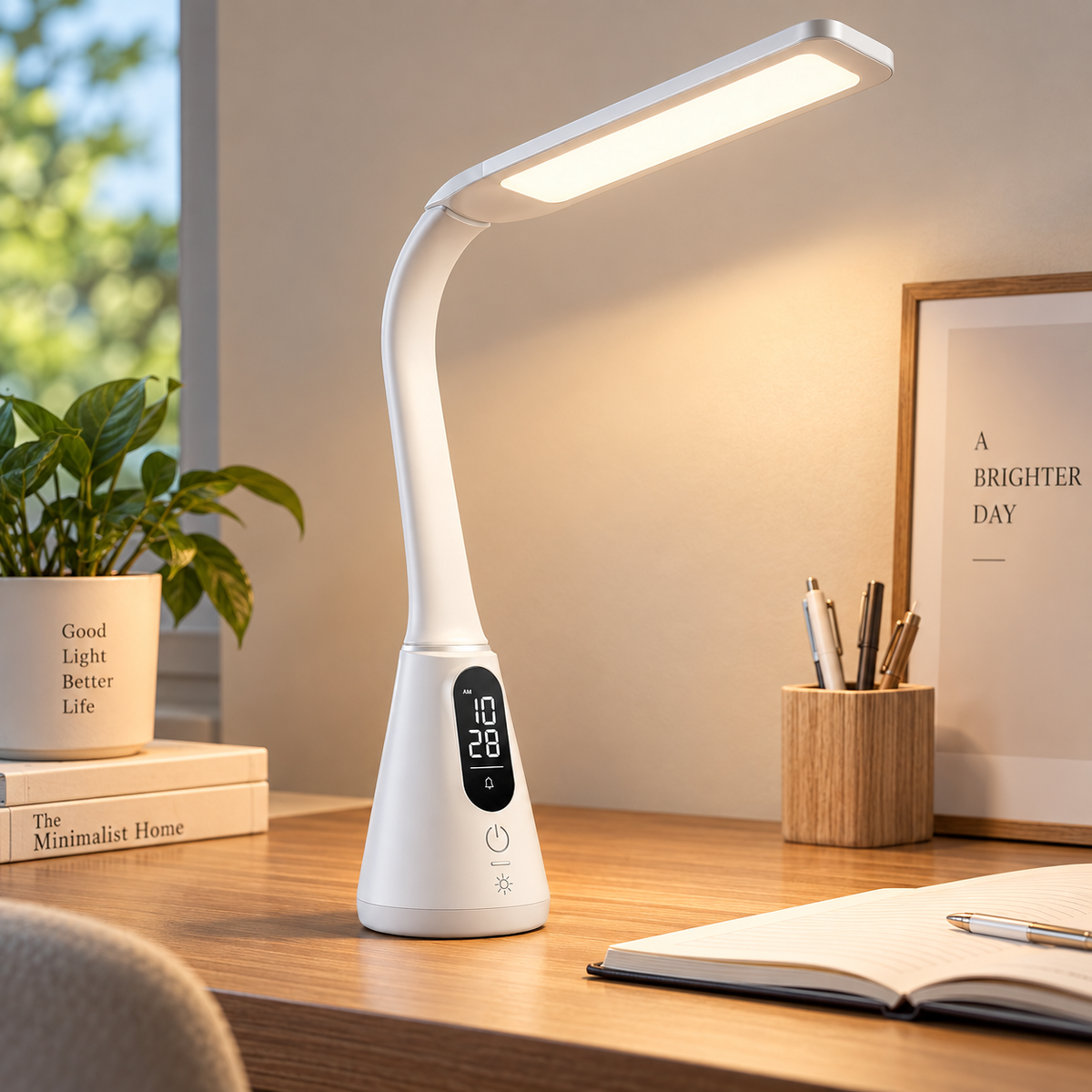 Greendailyes® Modern LED Desk Lamp with Digital Clock – Flexible Table Light with Display and Touch Controls