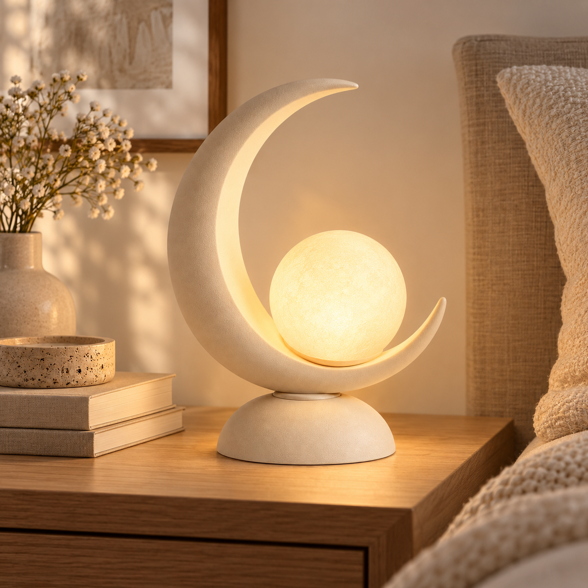 Greendailyes® Moon-Shaped LED Table Lamp with Glowing Orb – Decorative Night Light with Warm Ambient Glow