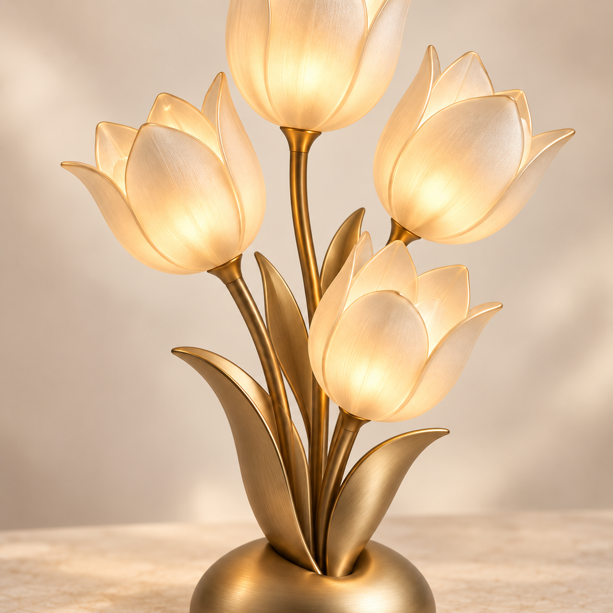 Greendailyes® Decorative Gold-Tone LED Tulip Table Lamp – Floral Ambient Light with Four Glowing Blooms
