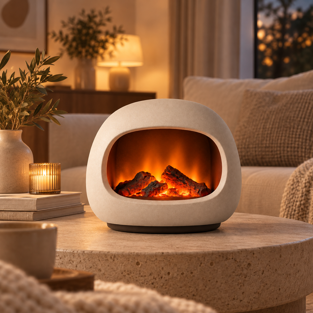 Greendailyes® Decorative Cream White LED Fireplace Lamp – Modern Ambient Light with a Cozy Flame Effect